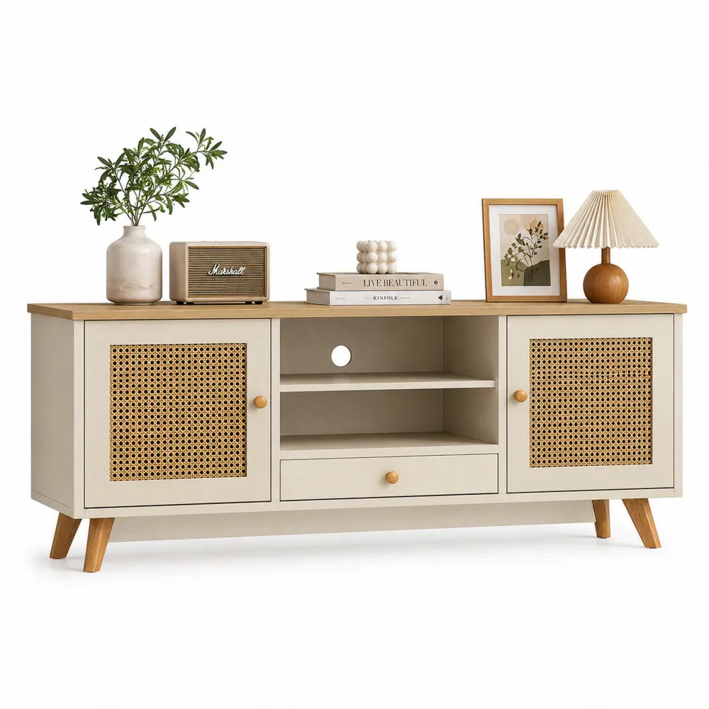 Mobile TV in legno e rattan con mensole regolabili 150x40x55 cm