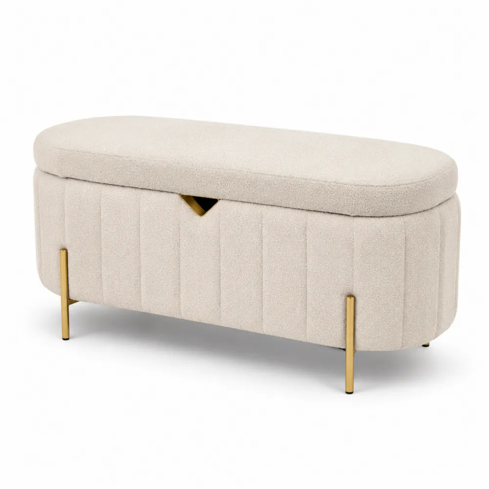 Panca imbottita in tessuto beige con gambe dorate in metallo 120x45x50 cm