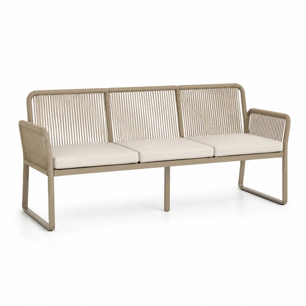 Panca da esterno in metallo e rattan con cuscini color Crema