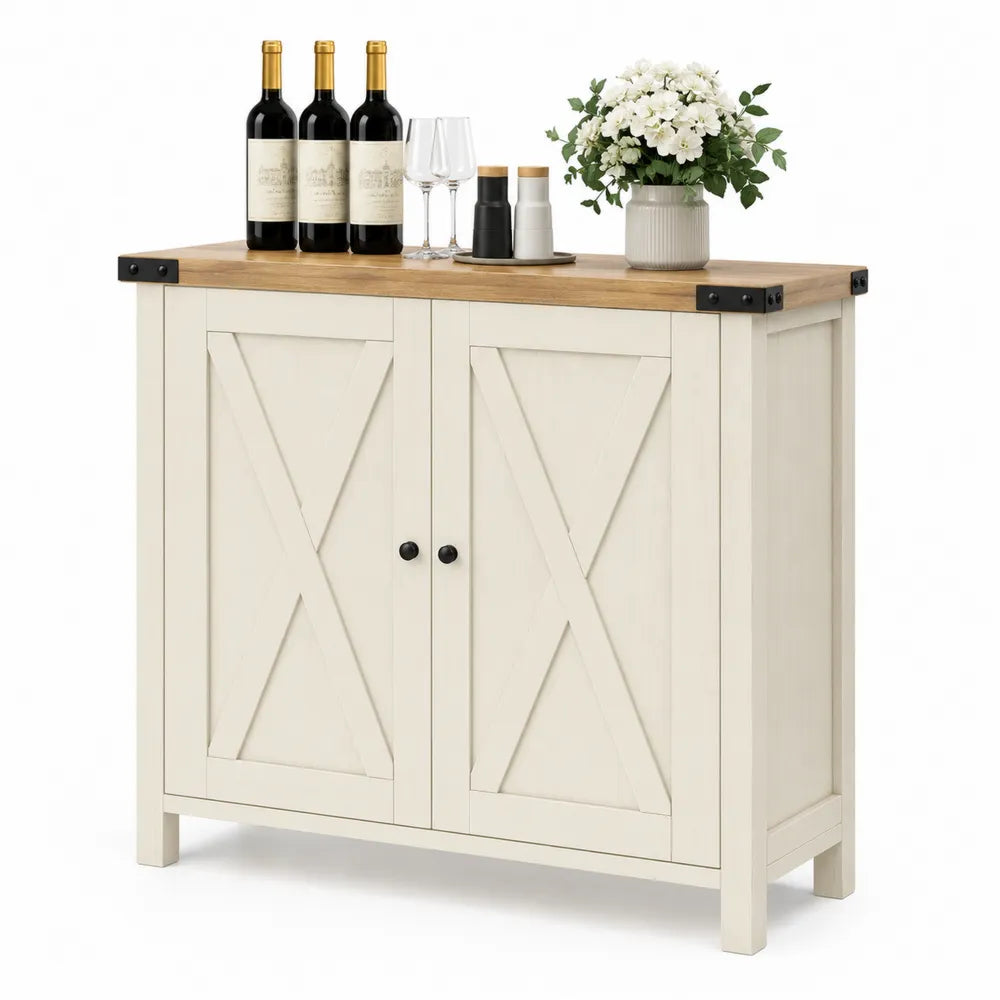 Credenza in legno bianco crema con ripiano in legno massello