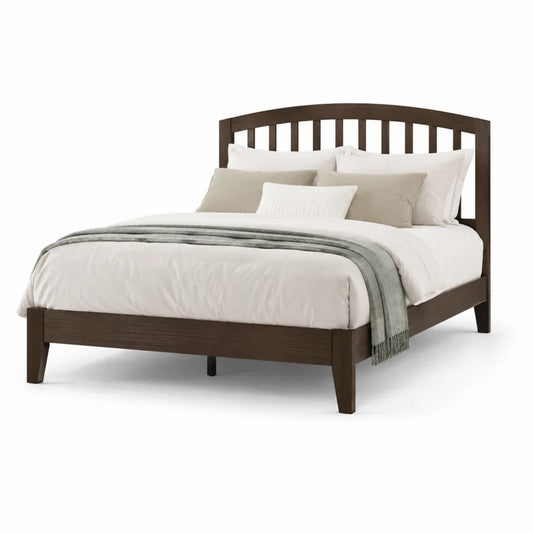 Letto matrimoniale in legno marrone scuro con testiera ad arco