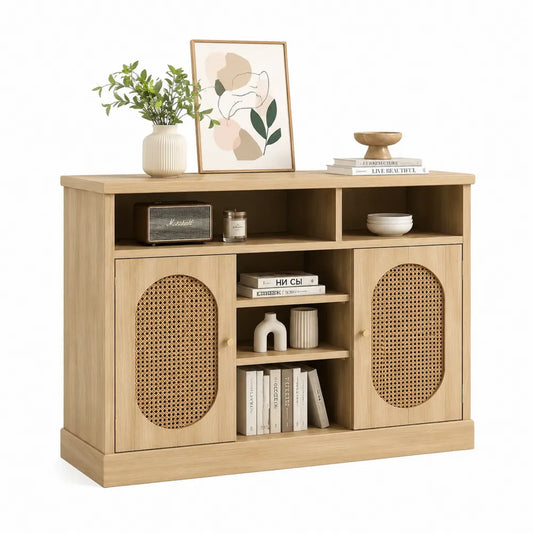 Credenza in Legno Naturale con Ante in Rattan