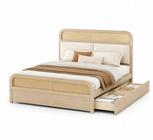 Letto matrimoniale in legno e rattan con cassetti 200x160 cm