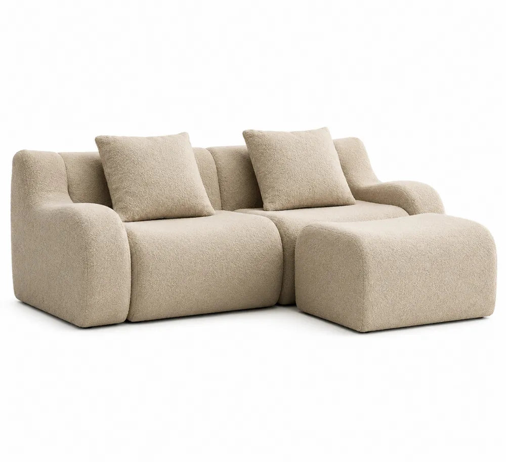 Divano componibile in tessuto bouclé beige con chaise longue