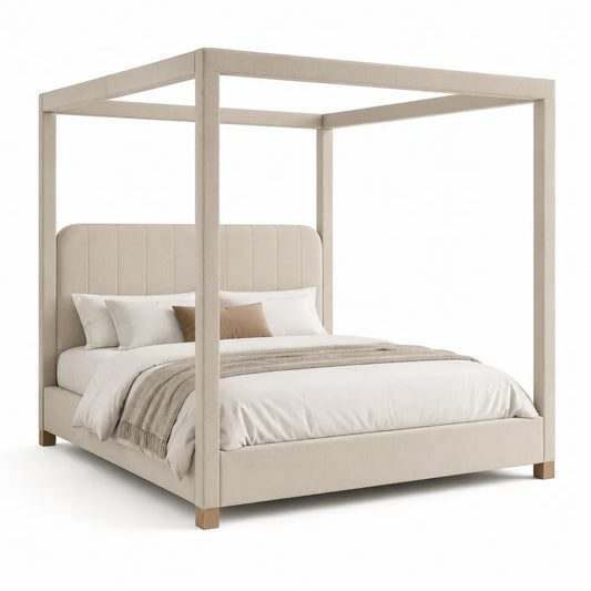 Letto a Baldacchino in Tessuto Beige con Struttura in Legno