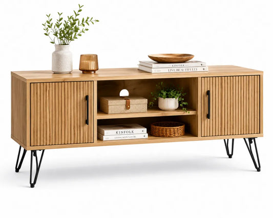 Mobile TV in legno compensato con gambe in metallo