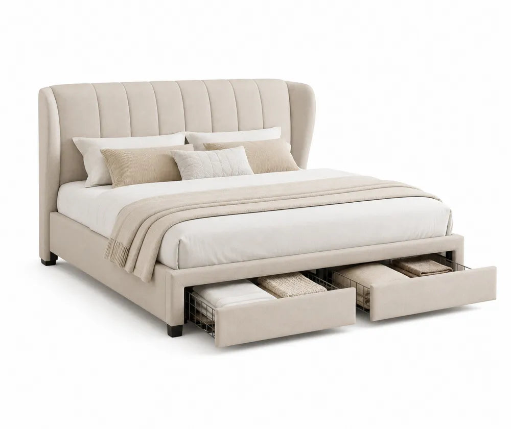 Letto matrimoniale imbottito con contenitore in tessuto beige 200x160 cm