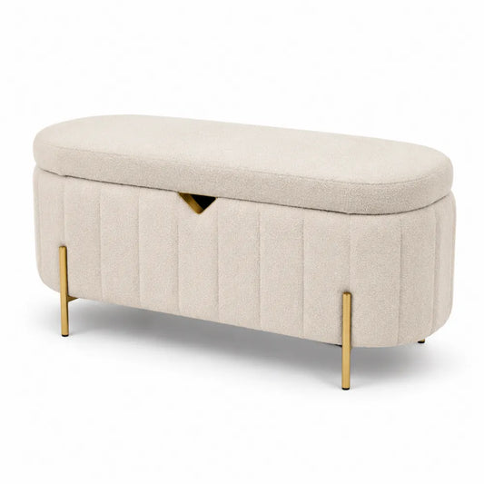 Panca imbottita in tessuto beige con gambe dorate in metallo 120x45x50 cm