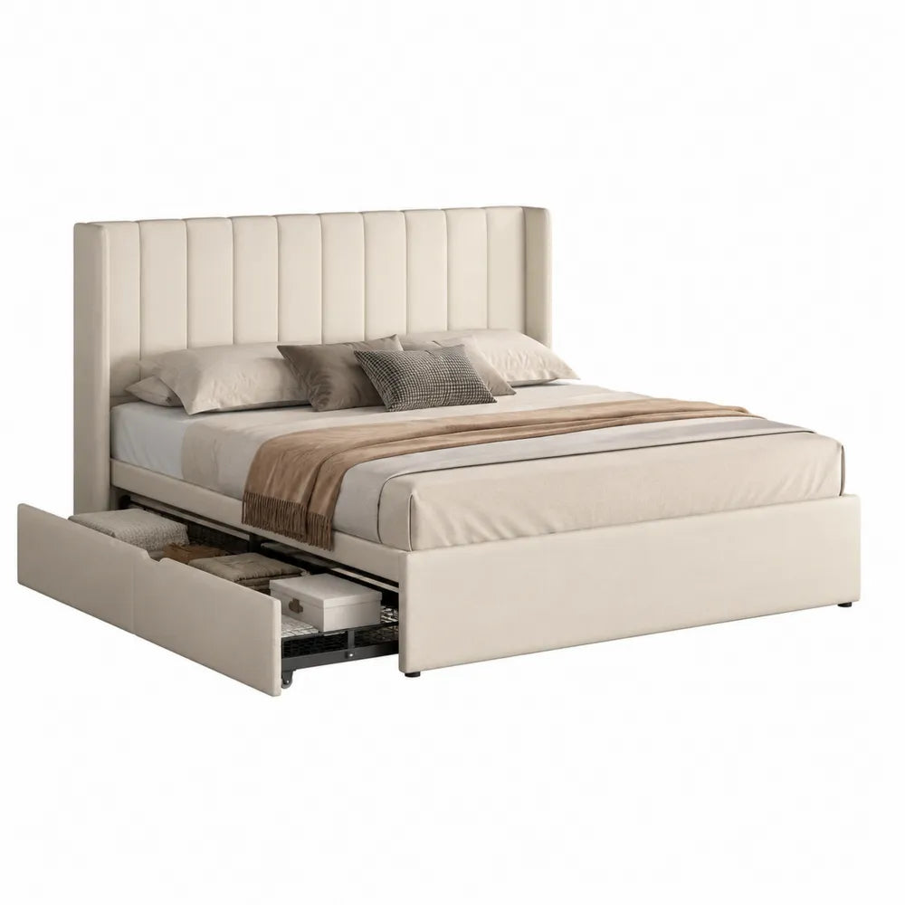 Letto matrimoniale con contenitore in legno ed ecopelle crema 160x200 cm