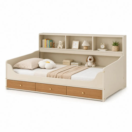 Letto singolo in MDF e legno di pino con cassetti e scaffale