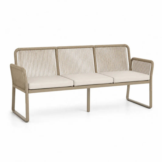 Panca da esterno in metallo e rattan con cuscini color Crema