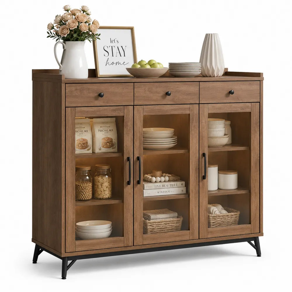 Credenza in Legno con Vetro Temperato e Metallo